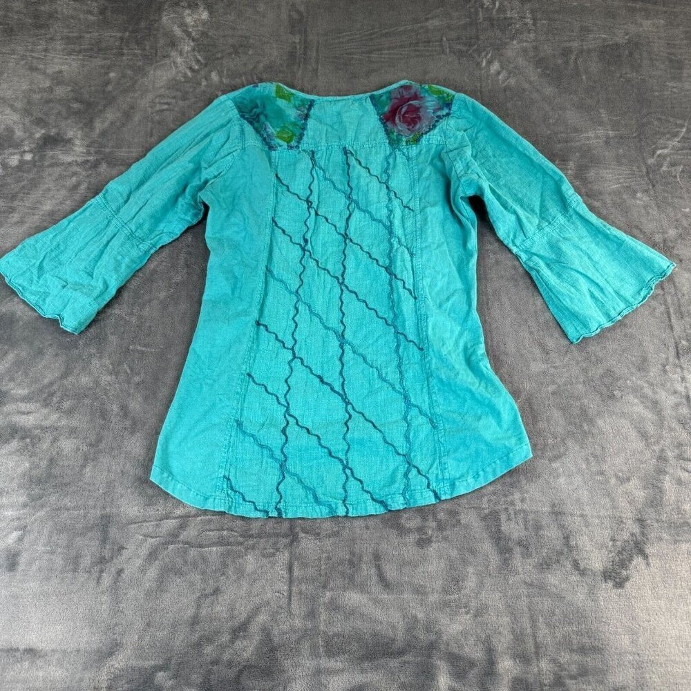 Parsley & Sage Women Top Medium Blue Shirt Roses Floral Embroidered Bell Sleeve - Picture 9 of 10